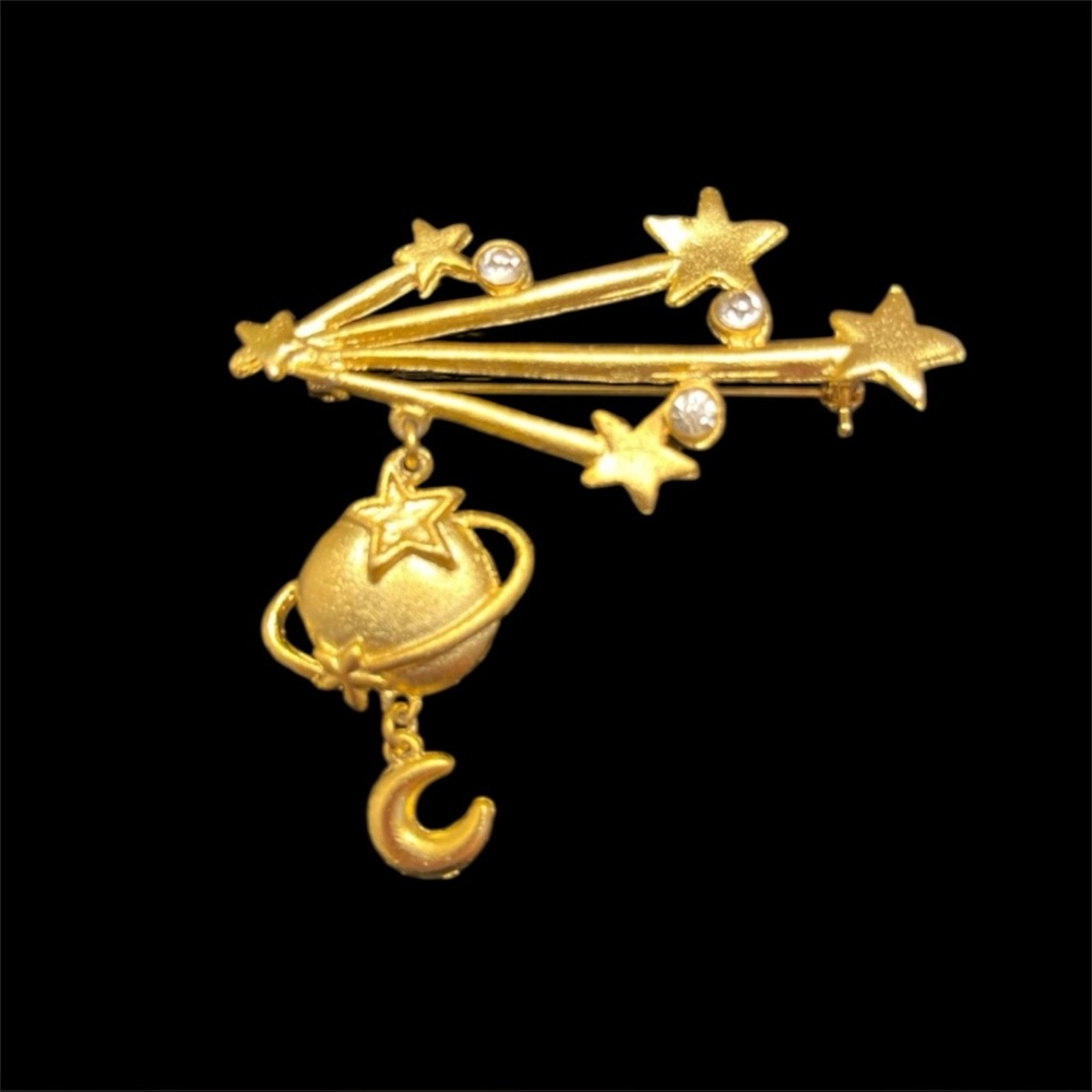 Celestial Goldtone Dangling Stars, Moon Planet Brooch/Pin Jewelry W/ Rhinestones